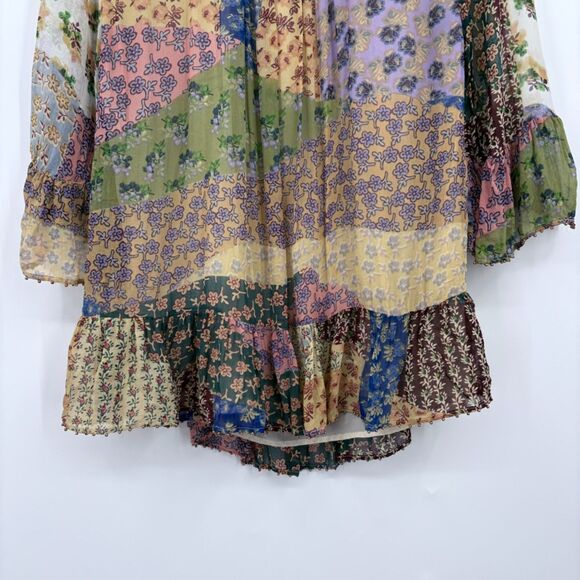 Anthropologie Floreat Patchwork Peasant Top, Sz Small, Bell Sleeves Beaded Trim - Picture 4 of 11